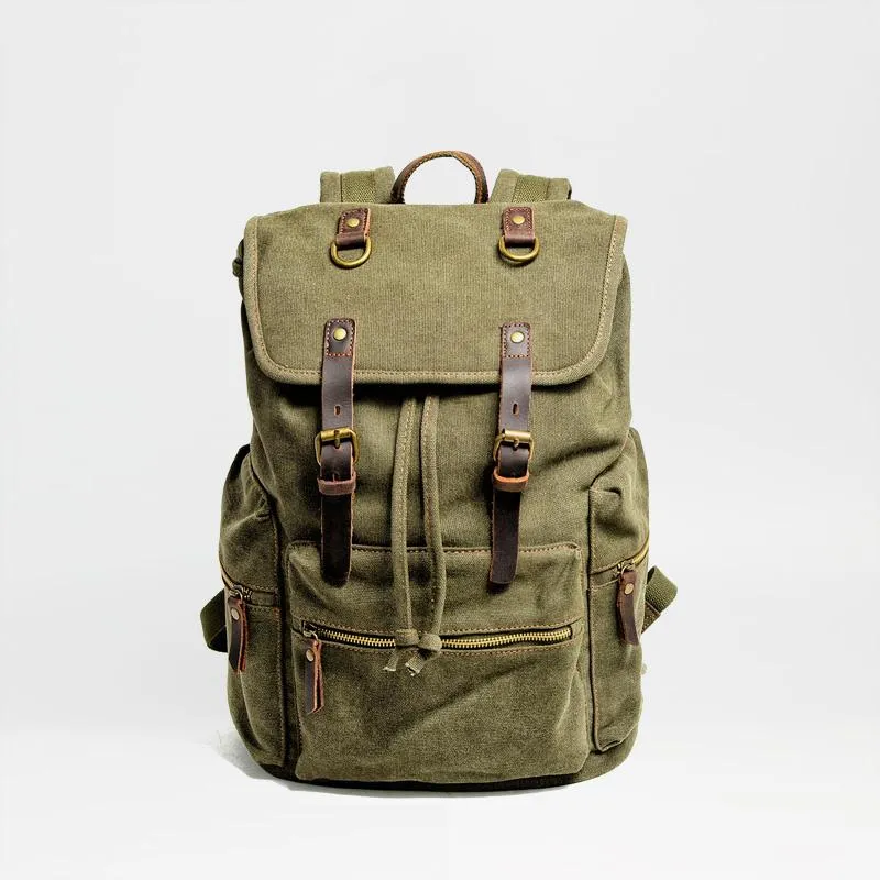 Cool Canvas Leather Mens Womens College 14'' Green Backpack Travel Backpack Computer Backpack for Men