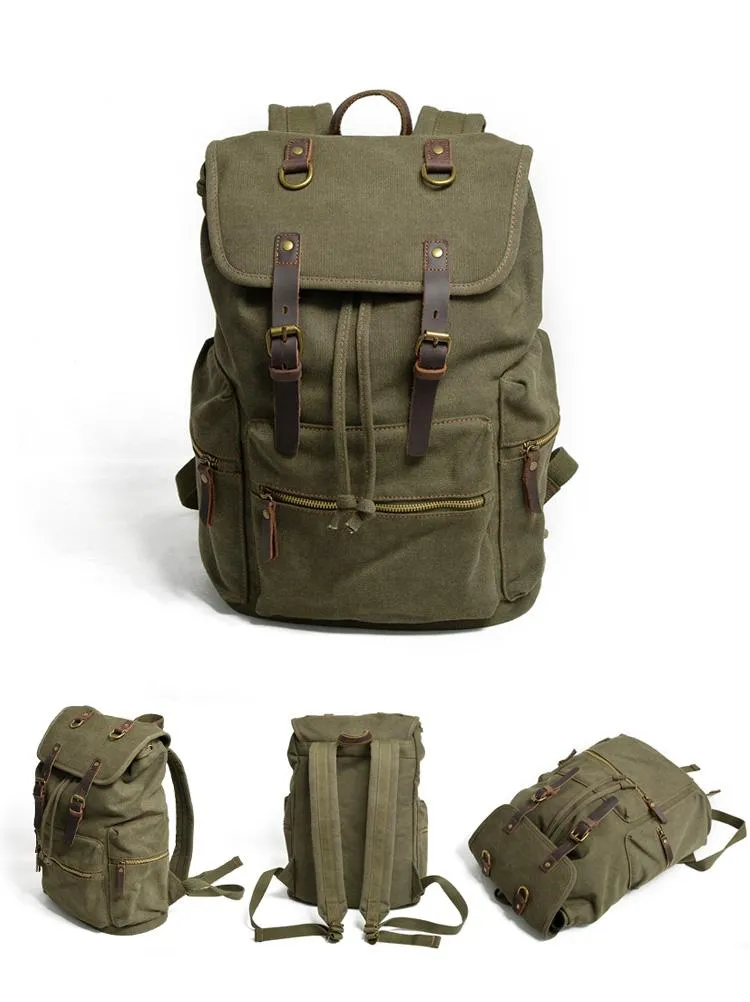 Cool Canvas Leather Mens Womens College 14'' Green Backpack Travel Backpack Computer Backpack for Men