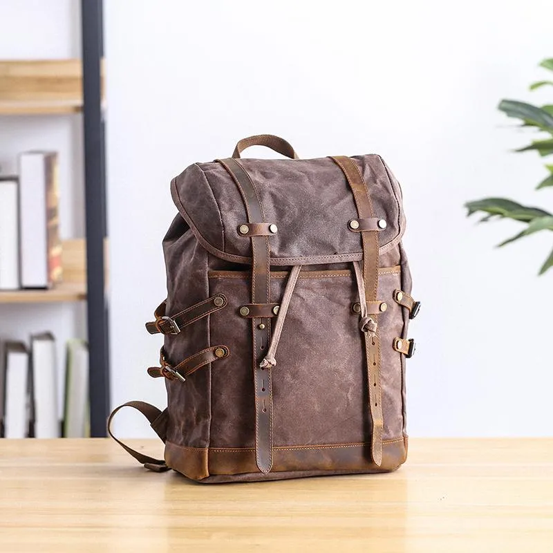 Cool Canvas Leather Mens Womens Dark Gray Backpack Army Green Travel Backpack College Backpack for Men