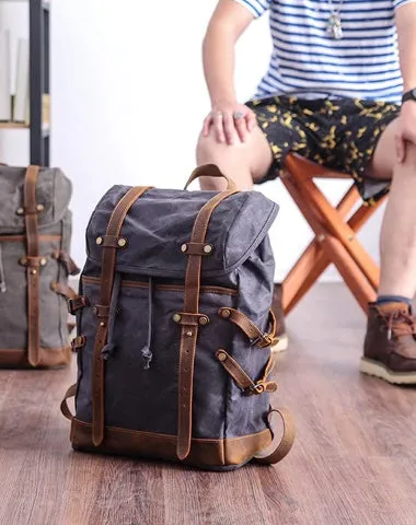 Cool Canvas Leather Mens Womens Dark Gray Backpack Army Green Travel Backpack College Backpack for Men