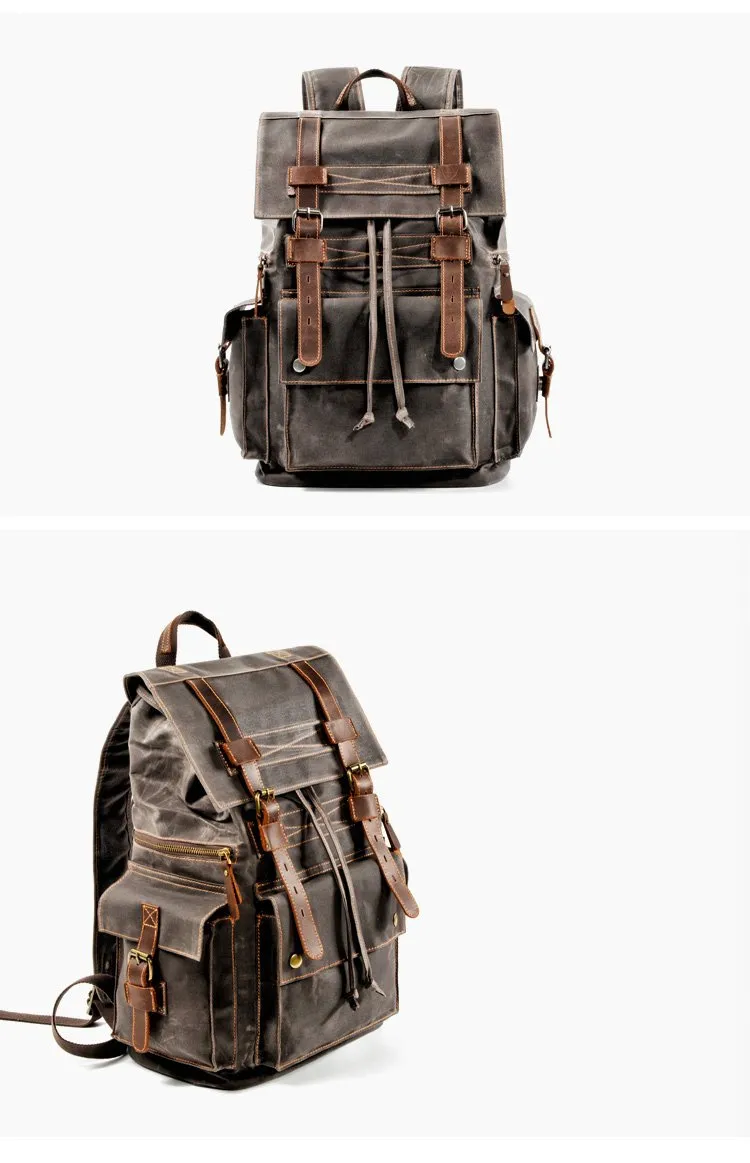 Cool Canvas Mens Vintage Large Black Backpack Computer Khaki Backpack Travel Backpack Hiking Backpackfor Men