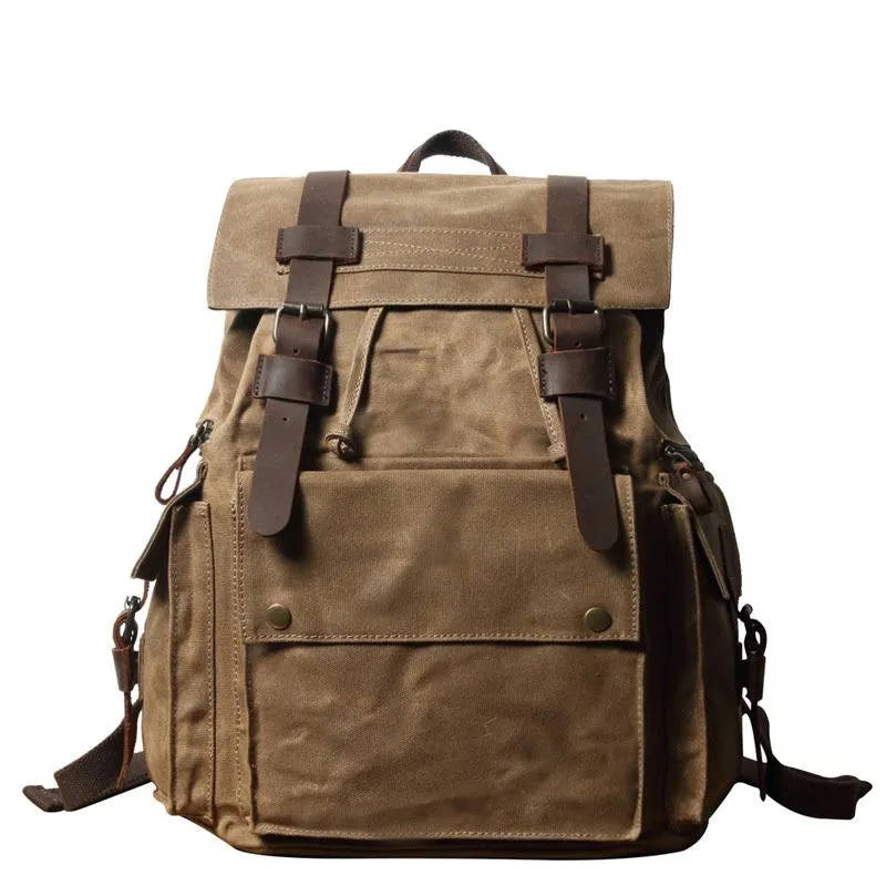Cool Canvas Mens Vintage Large Black Backpack Computer Khaki Backpack Travel Backpack Hiking Backpackfor Men