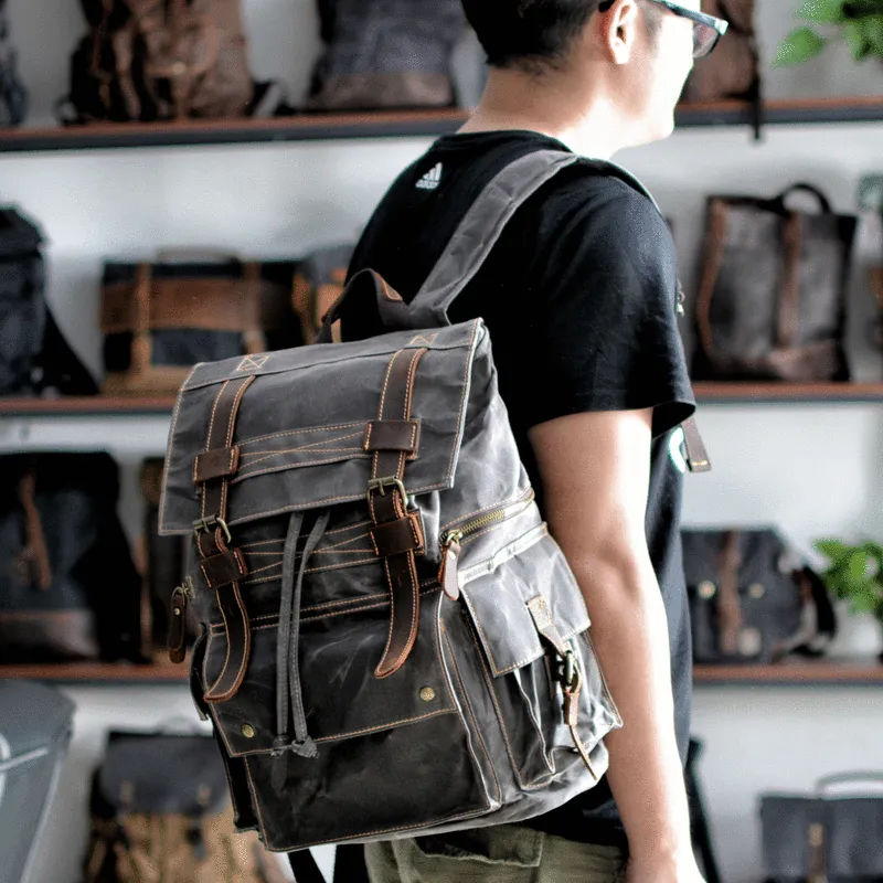 Cool Canvas Mens Vintage Large Black Backpack Computer Khaki Backpack Travel Backpack Hiking Backpackfor Men