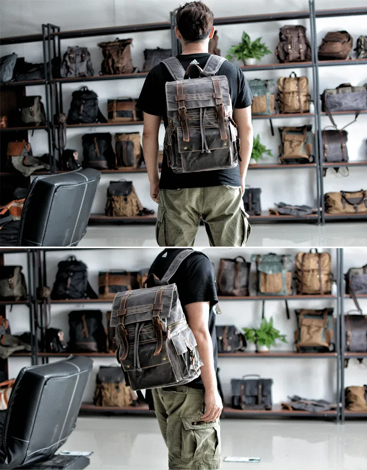 Cool Canvas Mens Vintage Large Black Backpack Computer Khaki Backpack Travel Backpack Hiking Backpackfor Men