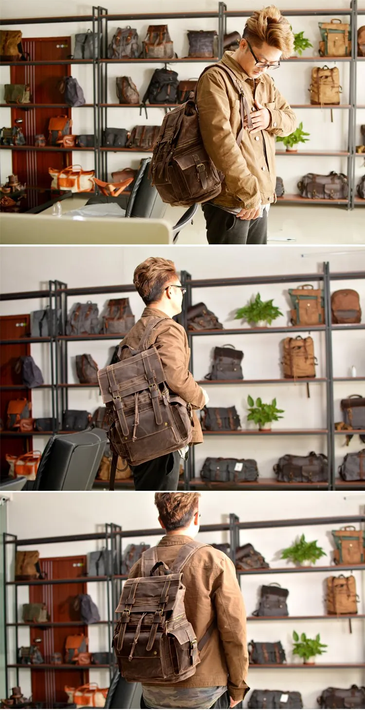 Cool Canvas Mens Vintage Large Black Backpack Computer Khaki Backpack Travel Backpack Hiking Backpackfor Men