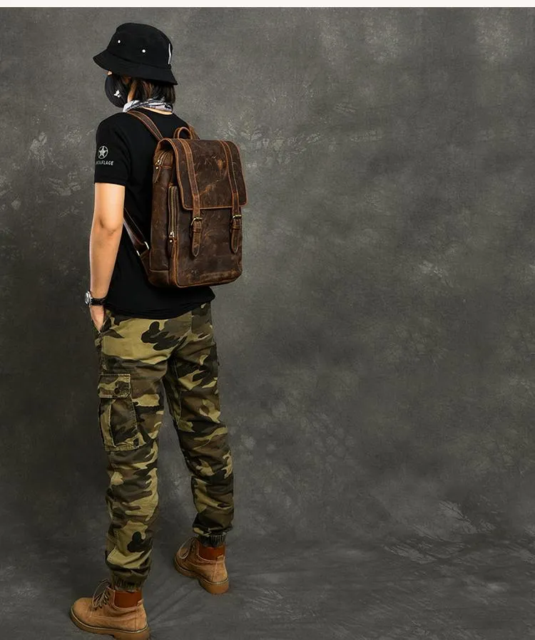 Cool Leather Mens 14" Dark Brown Hiking Backpack Travel Backpack College Backpack for Men