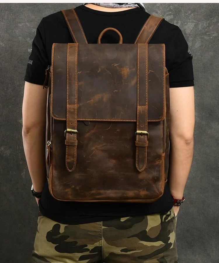 Cool Leather Mens 14" Dark Brown Hiking Backpack Travel Backpack College Backpack for Men