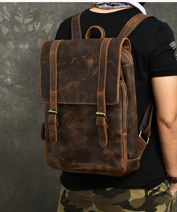 Cool Leather Mens 14" Dark Brown Hiking Backpack Travel Backpack College Backpack for Men