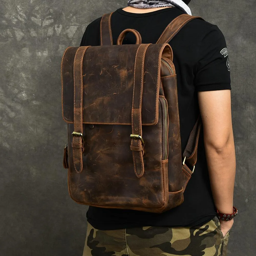 Cool Leather Mens 14" Dark Brown Hiking Backpack Travel Backpack College Backpack for Men