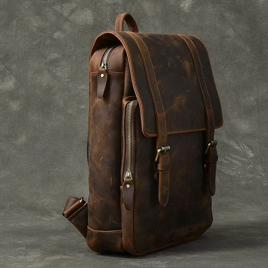 Cool Leather Mens 14" Dark Brown Hiking Backpack Travel Backpack College Backpack for Men