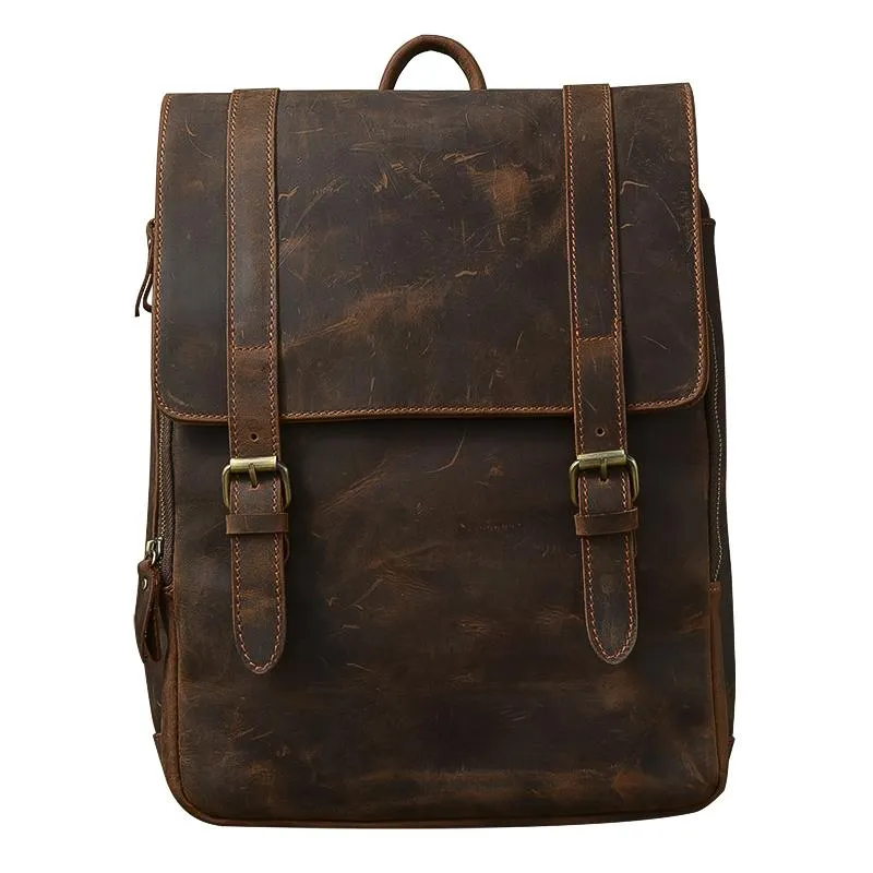 Cool Leather Mens 14" Dark Brown Hiking Backpack Travel Backpack College Backpack for Men