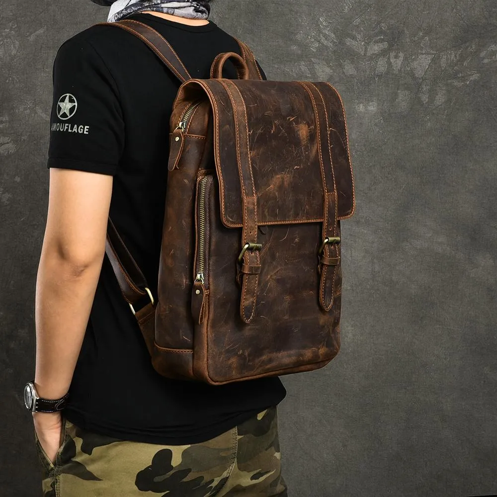 Cool Leather Mens 14" Dark Brown Hiking Backpack Travel Backpack College Backpack for Men