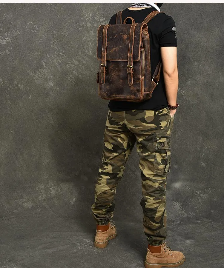 Cool Leather Mens 14" Dark Brown Hiking Backpack Travel Backpack College Backpack for Men