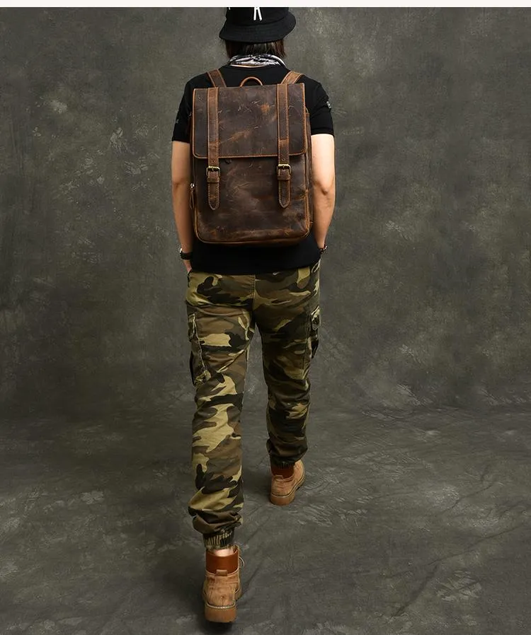 Cool Leather Mens 14" Dark Brown Hiking Backpack Travel Backpack College Backpack for Men