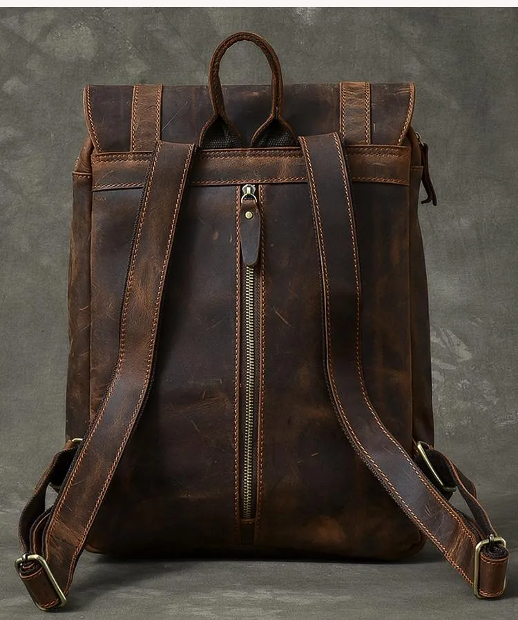 Cool Leather Mens 14" Dark Brown Hiking Backpack Travel Backpack College Backpack for Men