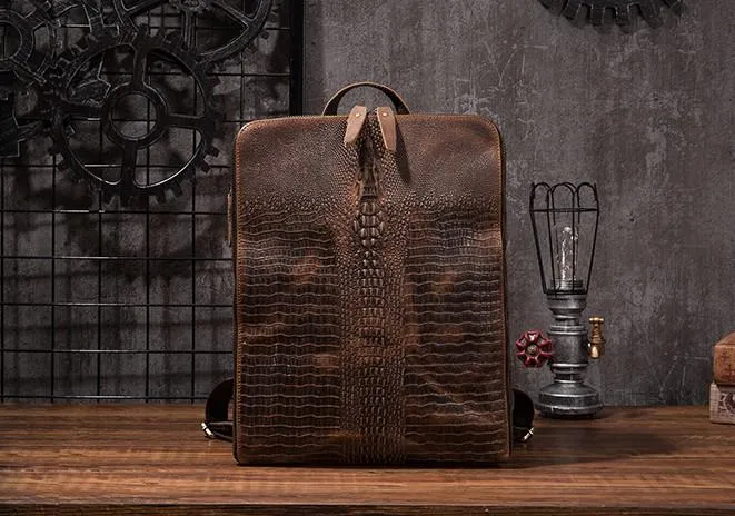 Cool Mens Leather Alligator Pattern Backpack Travel Backpacks Leather Hiking Backpack for Men