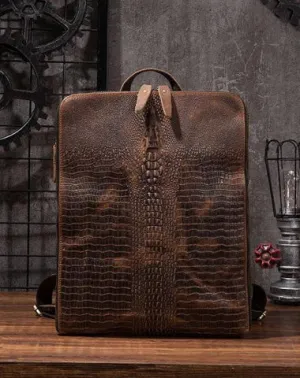 Cool Mens Leather Alligator Pattern Backpack Travel Backpacks Leather Hiking Backpack for Men