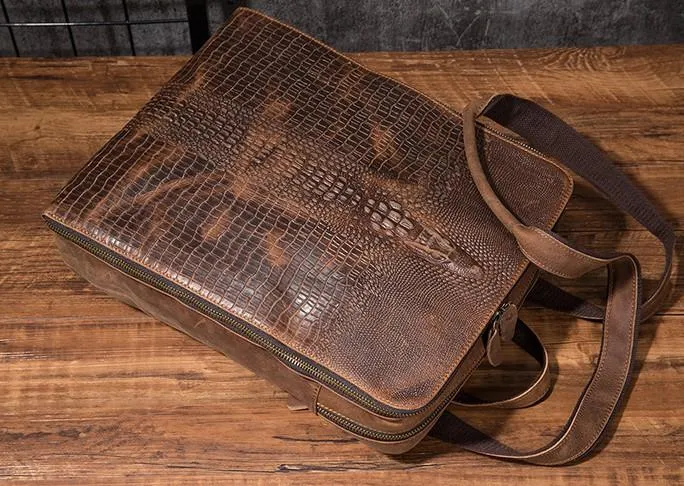 Cool Mens Leather Alligator Pattern Backpack Travel Backpacks Leather Hiking Backpack for Men
