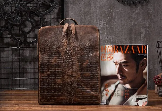 Cool Mens Leather Alligator Pattern Backpack Travel Backpacks Leather Hiking Backpack for Men