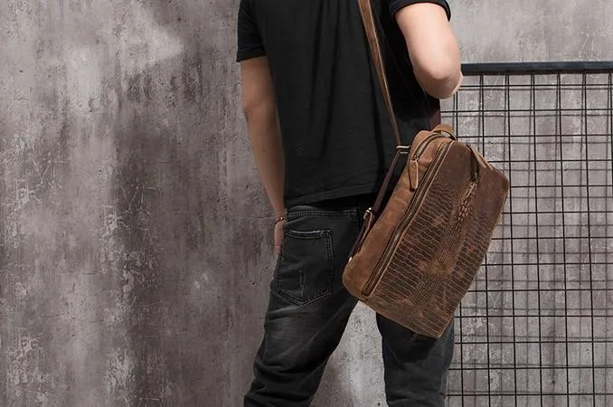 Cool Mens Leather Alligator Pattern Backpack Travel Backpacks Leather Hiking Backpack for Men