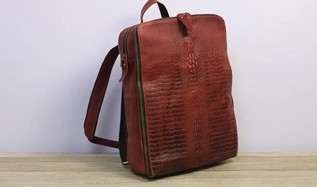 Cool Mens Leather Alligator Pattern Backpack Travel Backpacks Leather Hiking Backpack for Men
