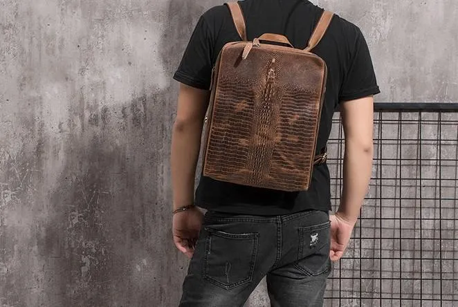 Cool Mens Leather Alligator Pattern Backpack Travel Backpacks Leather Hiking Backpack for Men