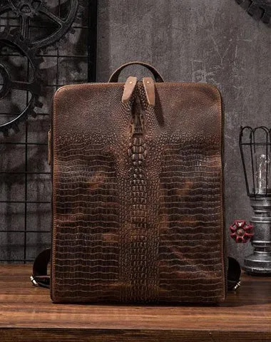 Cool Mens Leather Alligator Pattern Backpack Travel Backpacks Leather Hiking Backpack for Men