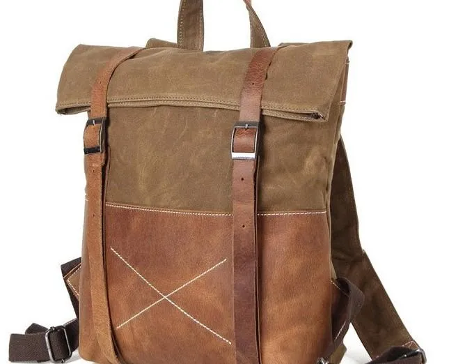 Cool Waxed Canvas Leather Mens Backpack Canvas Travel Backpacks Canvas School Backpack for Men