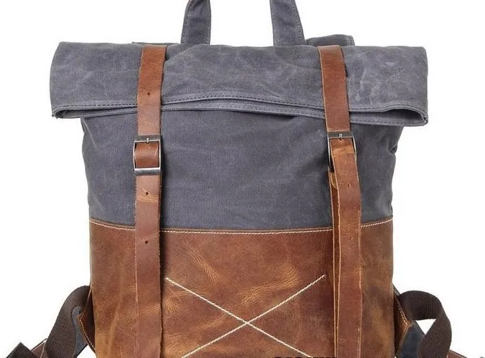 Cool Waxed Canvas Leather Mens Backpack Canvas Travel Backpacks Canvas School Backpack for Men