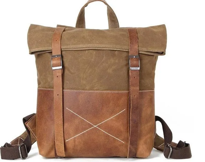 Cool Waxed Canvas Leather Mens Backpack Canvas Travel Backpacks Canvas School Backpack for Men