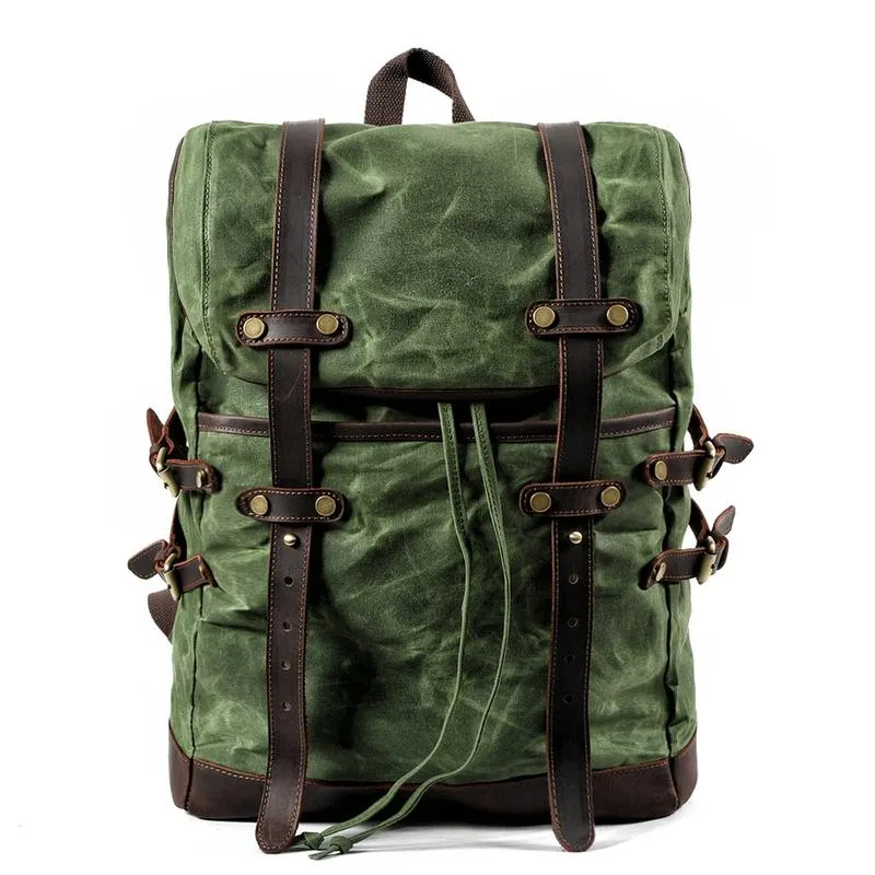 Cool Waxed Canvas Leather Mens Black 15.6???? Large Hiking Backpack Green Travel Backpack for Men