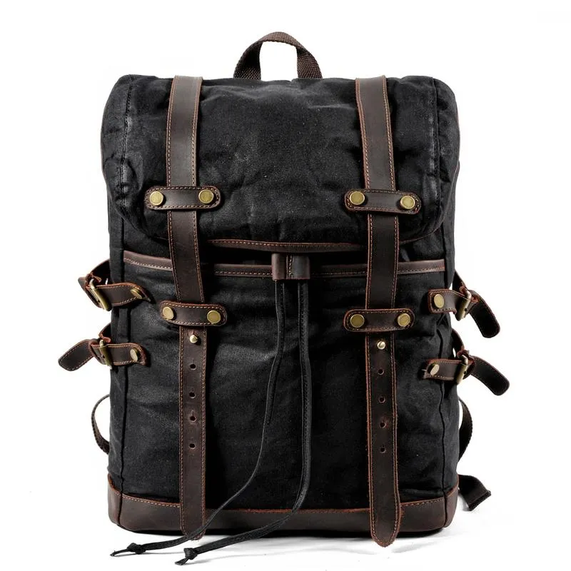 Cool Waxed Canvas Leather Mens Black 15.6???? Large Hiking Backpack Green Travel Backpack for Men