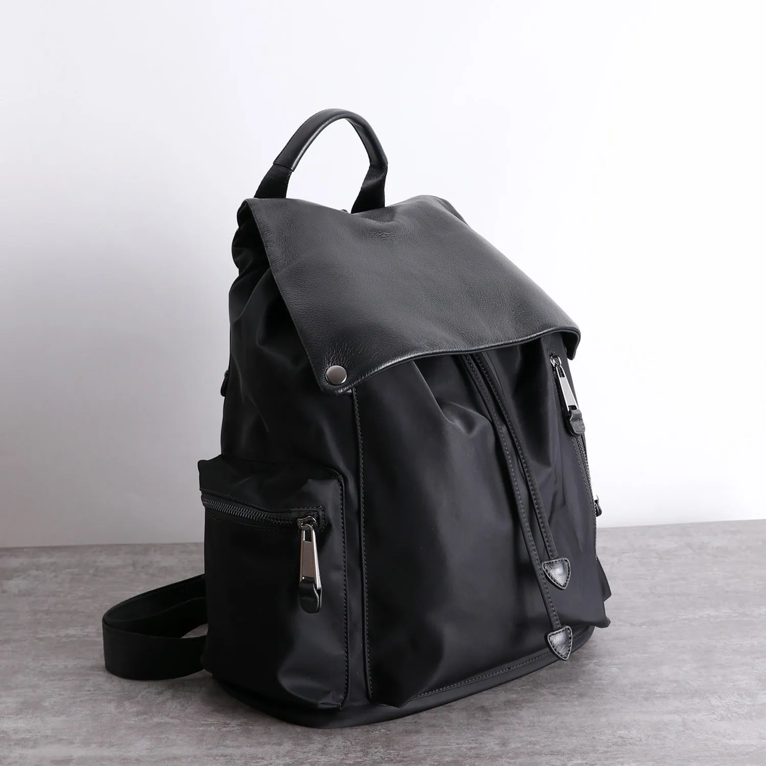 Cute Black Nylon Satchel Backpack Womens School Backpack Purse Black Nylon Leather Travel Rucksack for Ladies