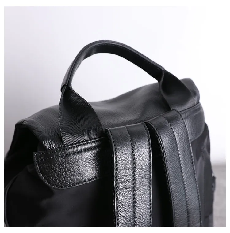 Cute Black Nylon Satchel Backpack Womens School Backpack Purse Black Nylon Leather Travel Rucksack for Ladies