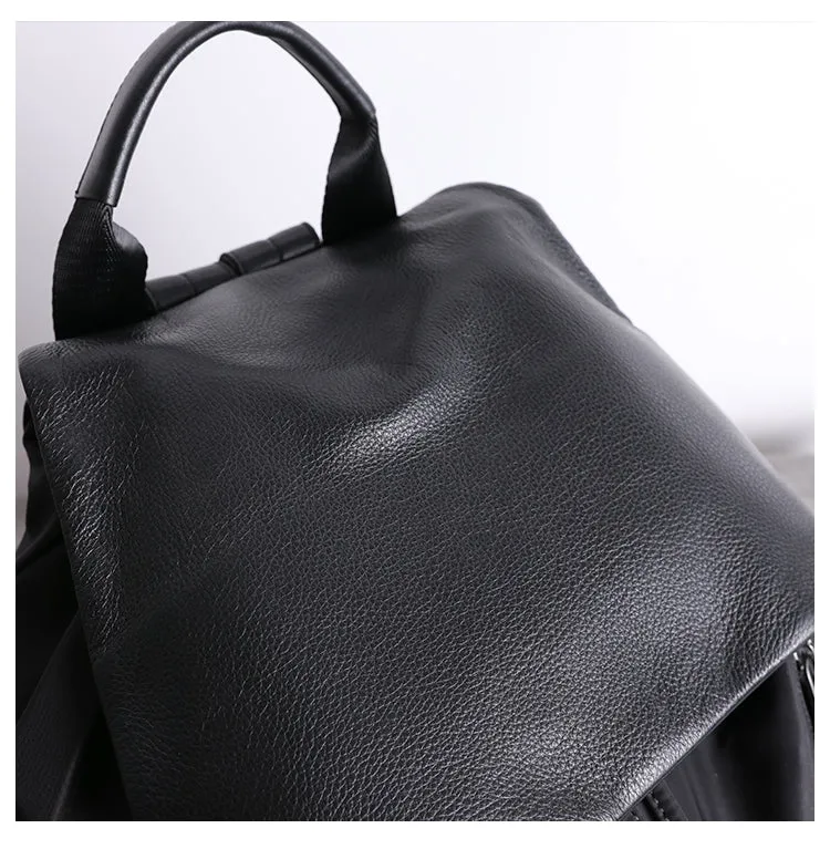 Cute Black Nylon Satchel Backpack Womens School Backpack Purse Black Nylon Leather Travel Rucksack for Ladies