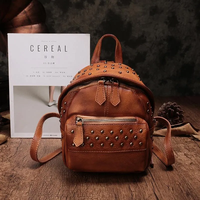 Cute Brown Leather Womens Backpacks Small Vintage Black Leather Backpack for Ladies