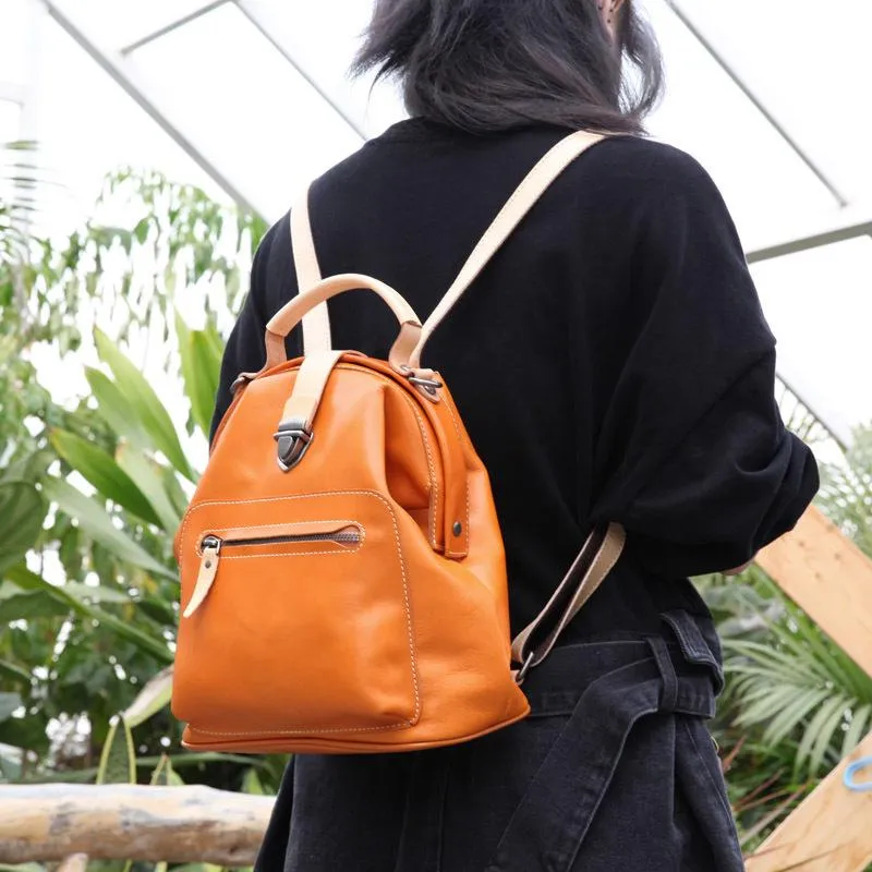 Cute Handmade Womens Tan Leather Backpack Satchel Bag Tan School Backpack for Women