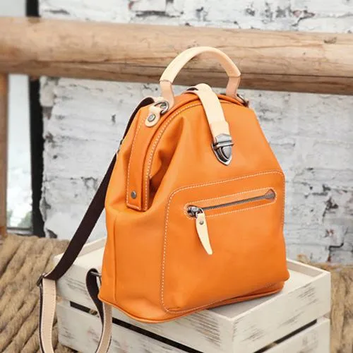 Cute Handmade Womens Tan Leather Backpack Satchel Bag Tan School Backpack for Women
