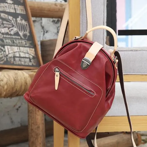 Cute Handmade Womens Tan Leather Backpack Satchel Bag Tan School Backpack for Women
