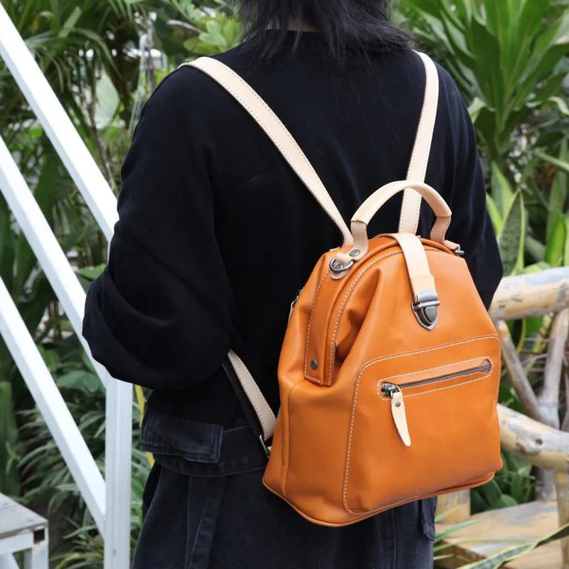 Cute Handmade Womens Tan Leather Backpack Satchel Bag Tan School Backpack for Women