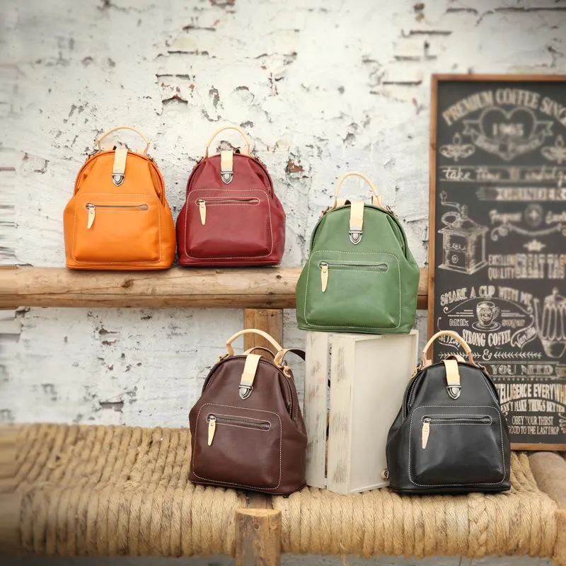 Cute Handmade Womens Tan Leather Backpack Satchel Bag Tan School Backpack for Women