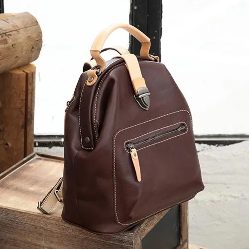 Cute Handmade Womens Tan Leather Backpack Satchel Bag Tan School Backpack for Women