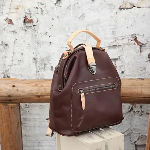 Cute Handmade Womens Tan Leather Backpack Satchel Bag Tan School Backpack for Women