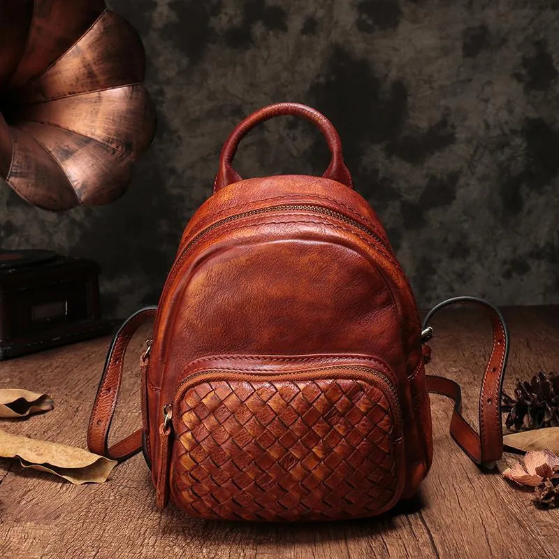 Cute Leather Womens Backpacks Small Braided Leather Backpack Red Trendy Backpacks for Ladies