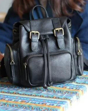 Cute Trendy Womens Small Black Leather Backpacks Womens Black School Backpack Purse
