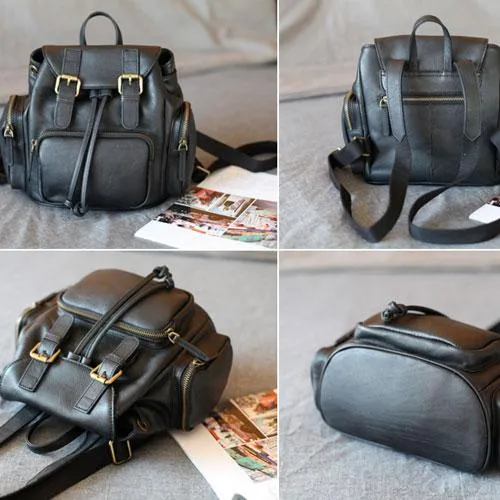 Cute Trendy Womens Small Black Leather Backpacks Womens Black School Backpack Purse