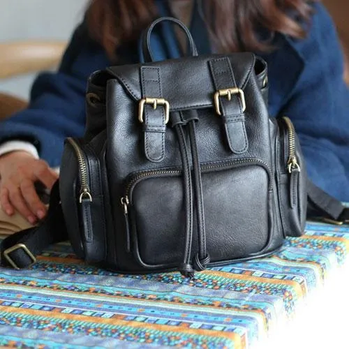 Cute Trendy Womens Small Black Leather Backpacks Womens Black School Backpack Purse