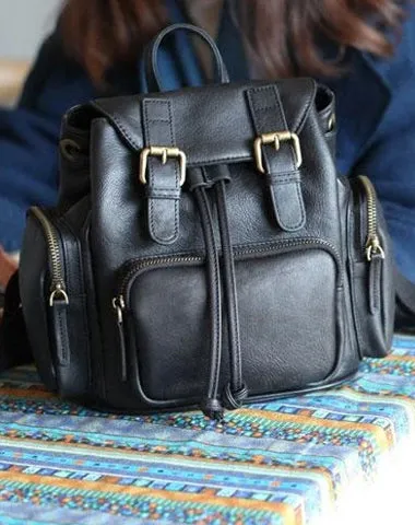 Cute Trendy Womens Small Black Leather Backpacks Womens Black School Backpack Purse