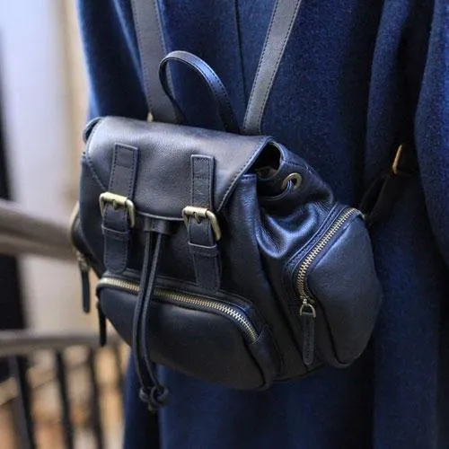 Cute Trendy Womens Small Black Leather Backpacks Womens Black School Backpack Purse