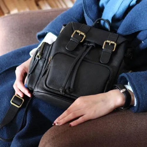 Cute Trendy Womens Small Black Leather Backpacks Womens Black School Backpack Purse